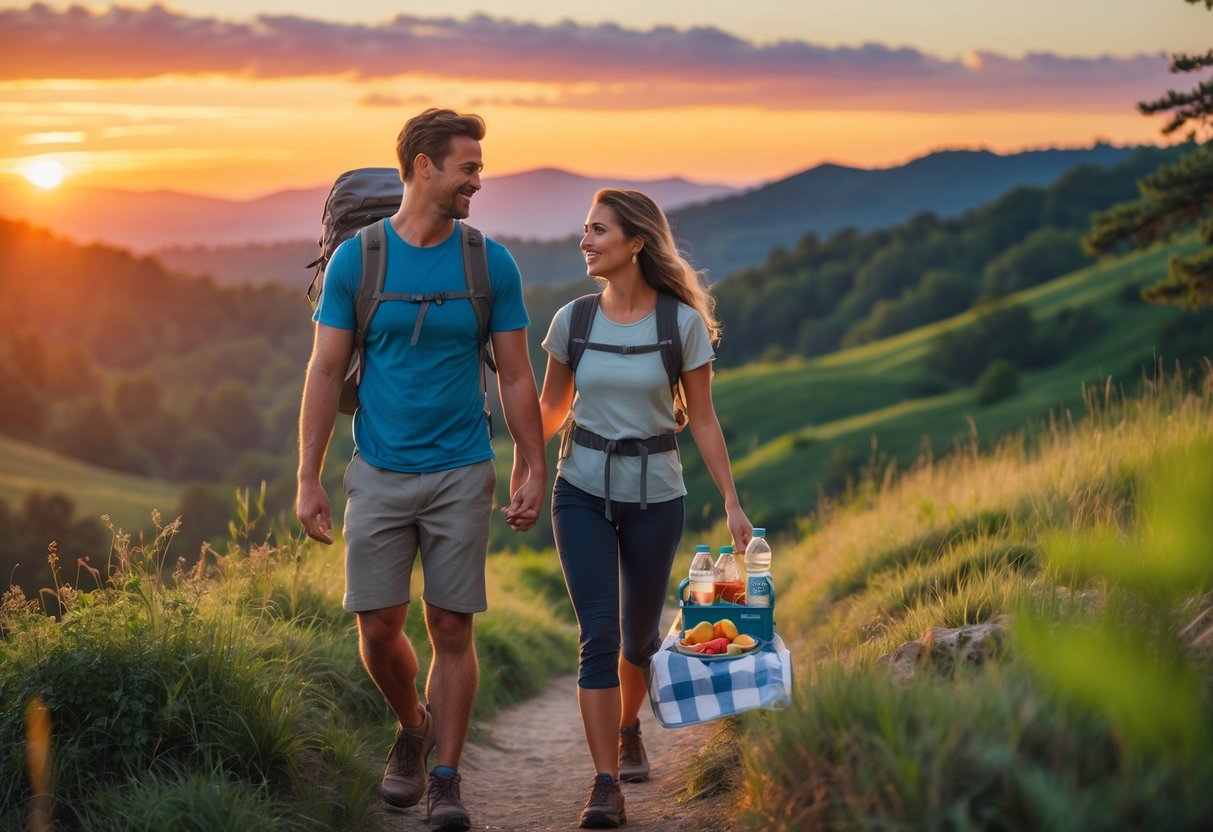 A couple hiking on a trail at sunset with packed snacks, surrounded by trees and hills.