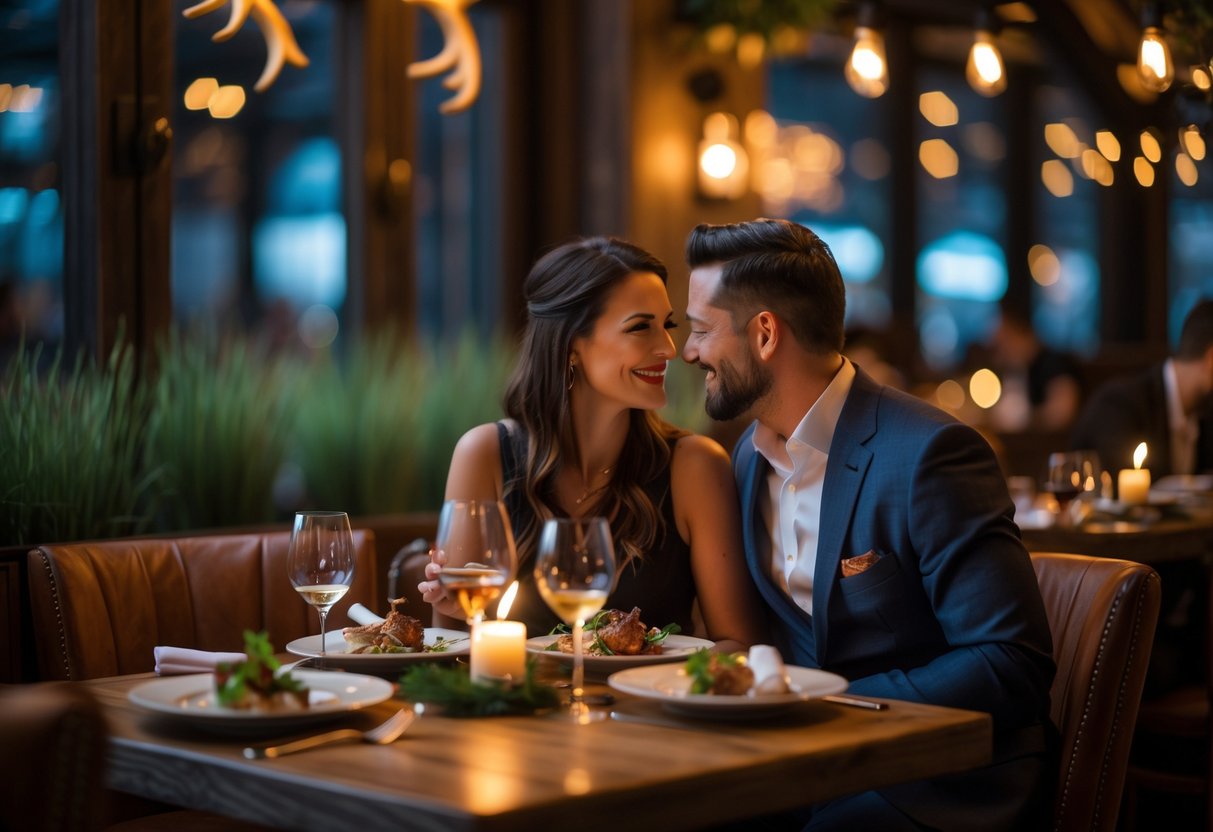 A couple enjoying a romantic dinner at a warmly lit restaurant with rustic decor.