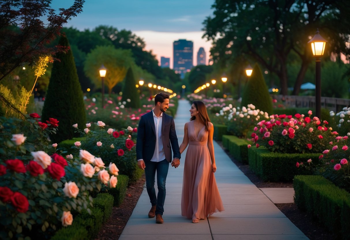 A couple walking hand in hand along a rose garden path surrounded by blooming roses and greenery during sunset.