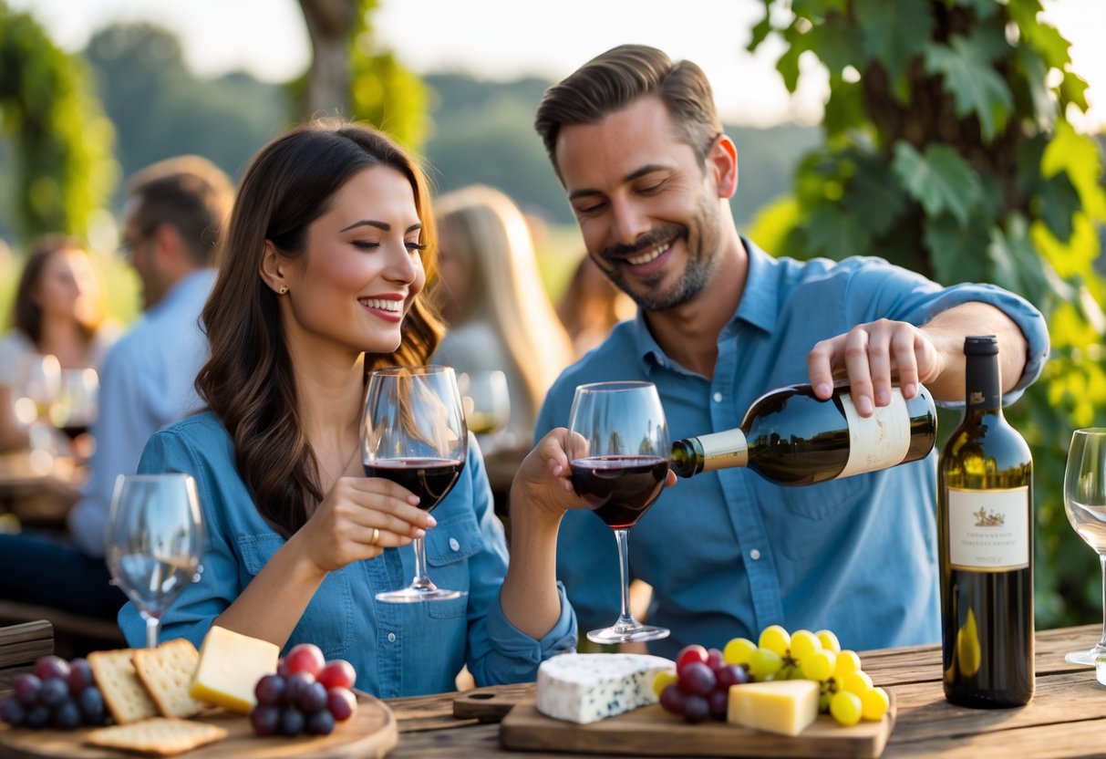 A couple enjoying wine tasting together at an outdoor event, smiling and sharing wine at a wooden table with cheese and grapes.