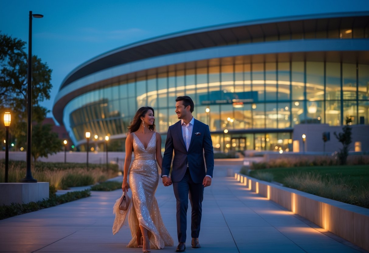A couple walking hand in hand outside the Kauffman Center in Kansas City at dusk.