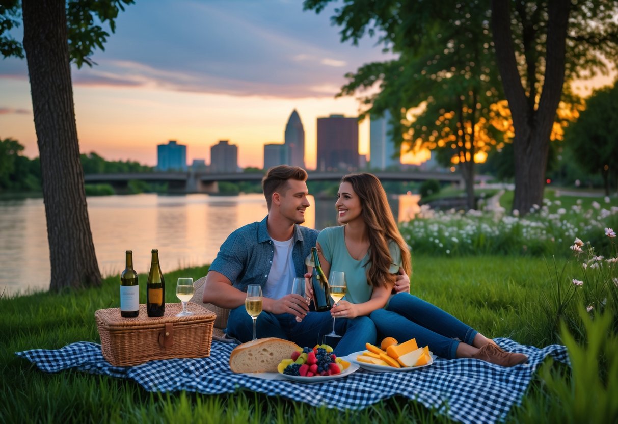 A young couple having a romantic picnic on a blanket by a river with the Kansas City skyline in the background at sunset.