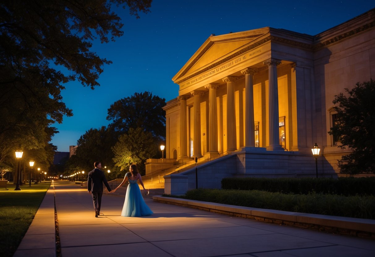 A young couple walking hand-in-hand outside the illuminated Nelson-Atkins Museum of Art at night.