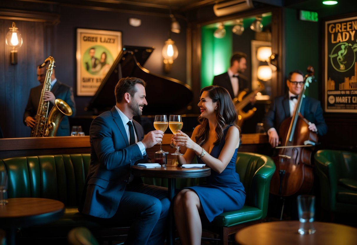 A couple enjoying a romantic evening at a jazz club with live musicians playing on stage in the background.