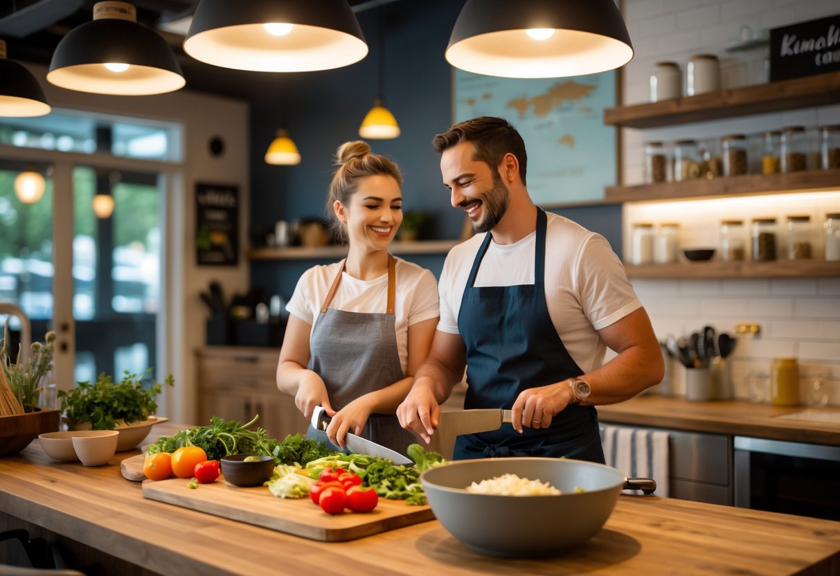 A couple cooking together in a cozy kitchen, preparing food side by side at a kitchen island.