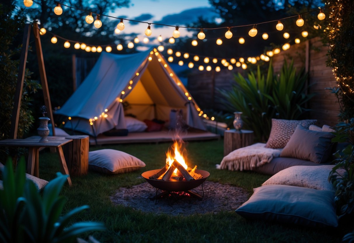 A backyard camping setup with a tent, fairy lights overhead, a campfire pit, and a table with s'mores.