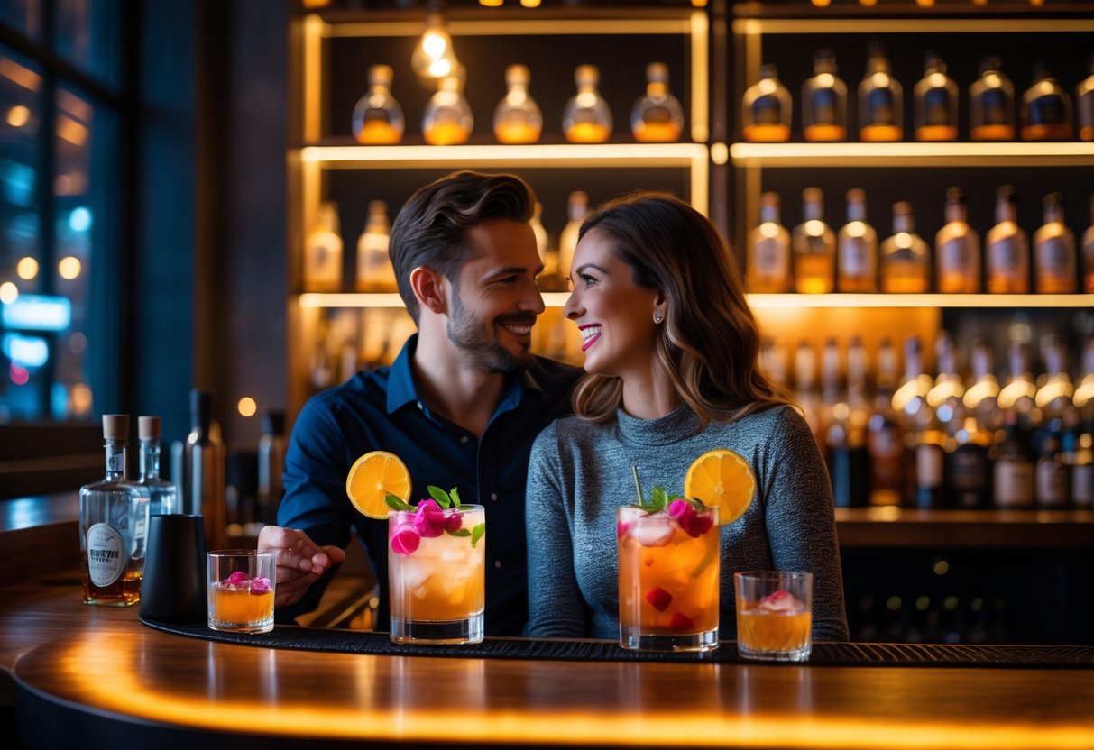 A couple enjoying craft cocktails together at a cozy bar during a romantic date night.