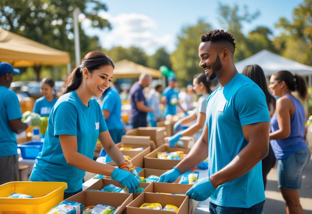 A smiling couple volunteering together at a local charity event, packing food boxes outdoors with other volunteers nearby.