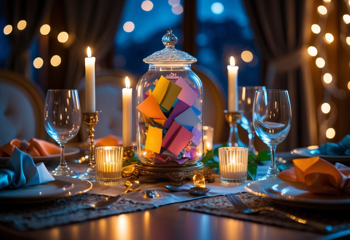 A dining table set for a themed dress-up dinner night with a jar of folded notes in the center and decorative accessories around.