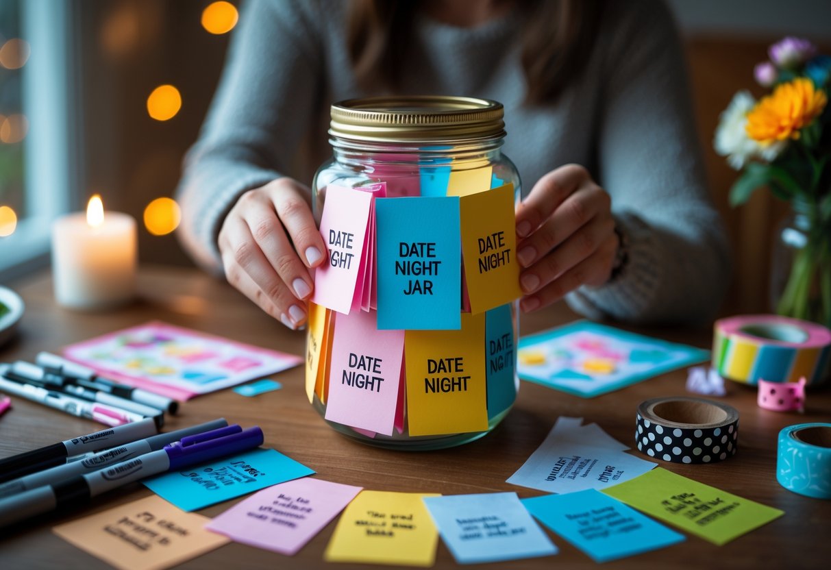 Hands decorating a glass jar filled with colorful paper slips on a wooden table with art supplies and a candle in the background.