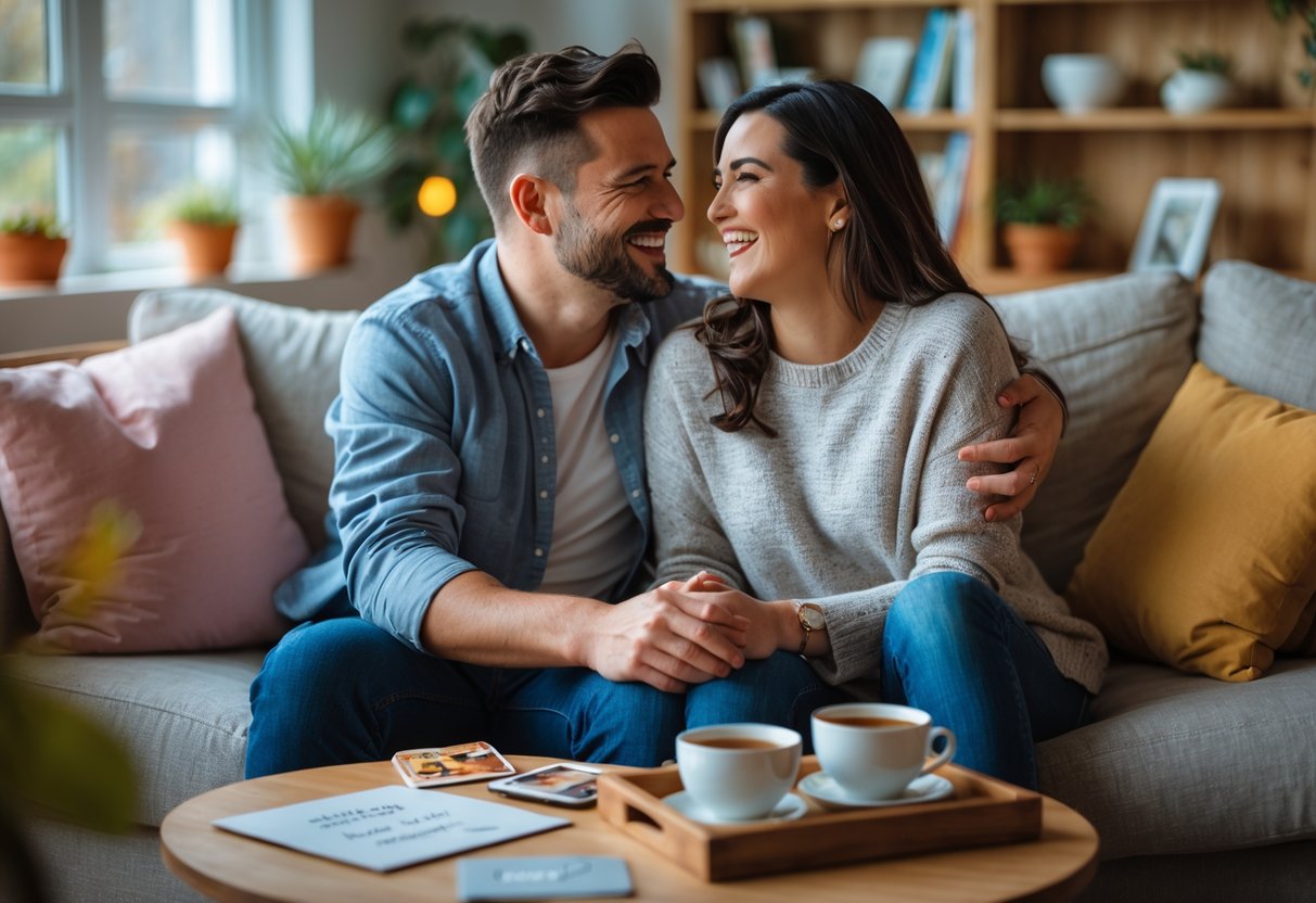 A couple sitting closely on a sofa in a cozy living room, smiling and enjoying a personalized date together.