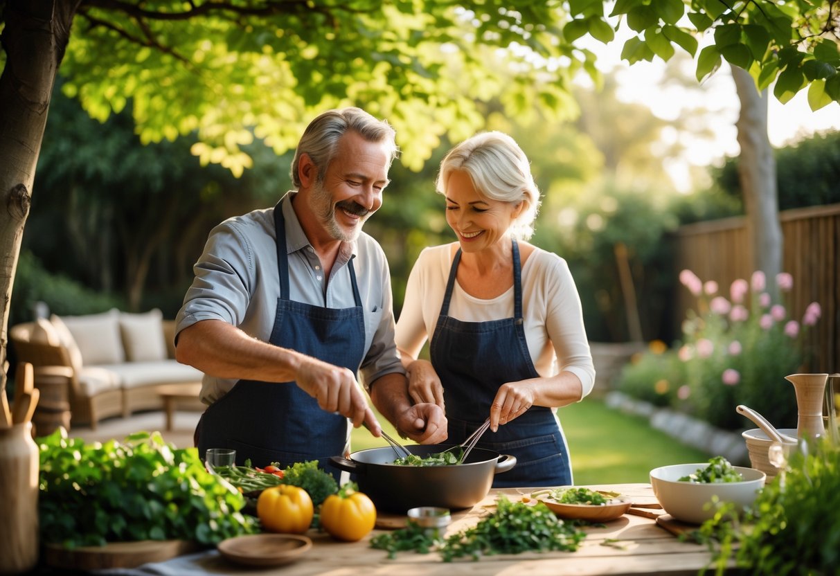 A middle-aged couple cooking together outdoors in a sunny backyard garden, smiling and enjoying each other's company.