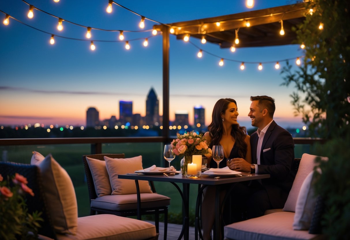 A couple enjoying a romantic outdoor dinner at dusk with the Kansas City skyline in the background.
