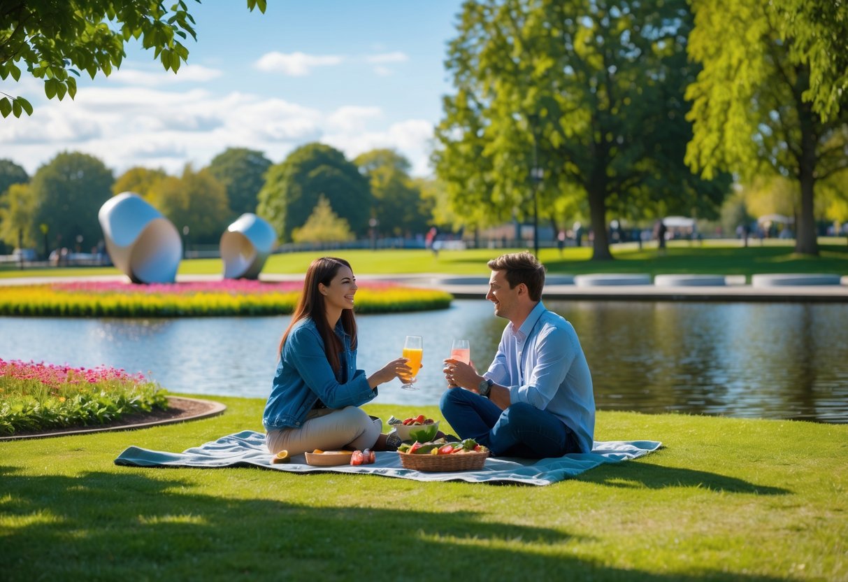 A young couple enjoying a picnic together on green grass in a park with trees, flowers, and a lake in the background.