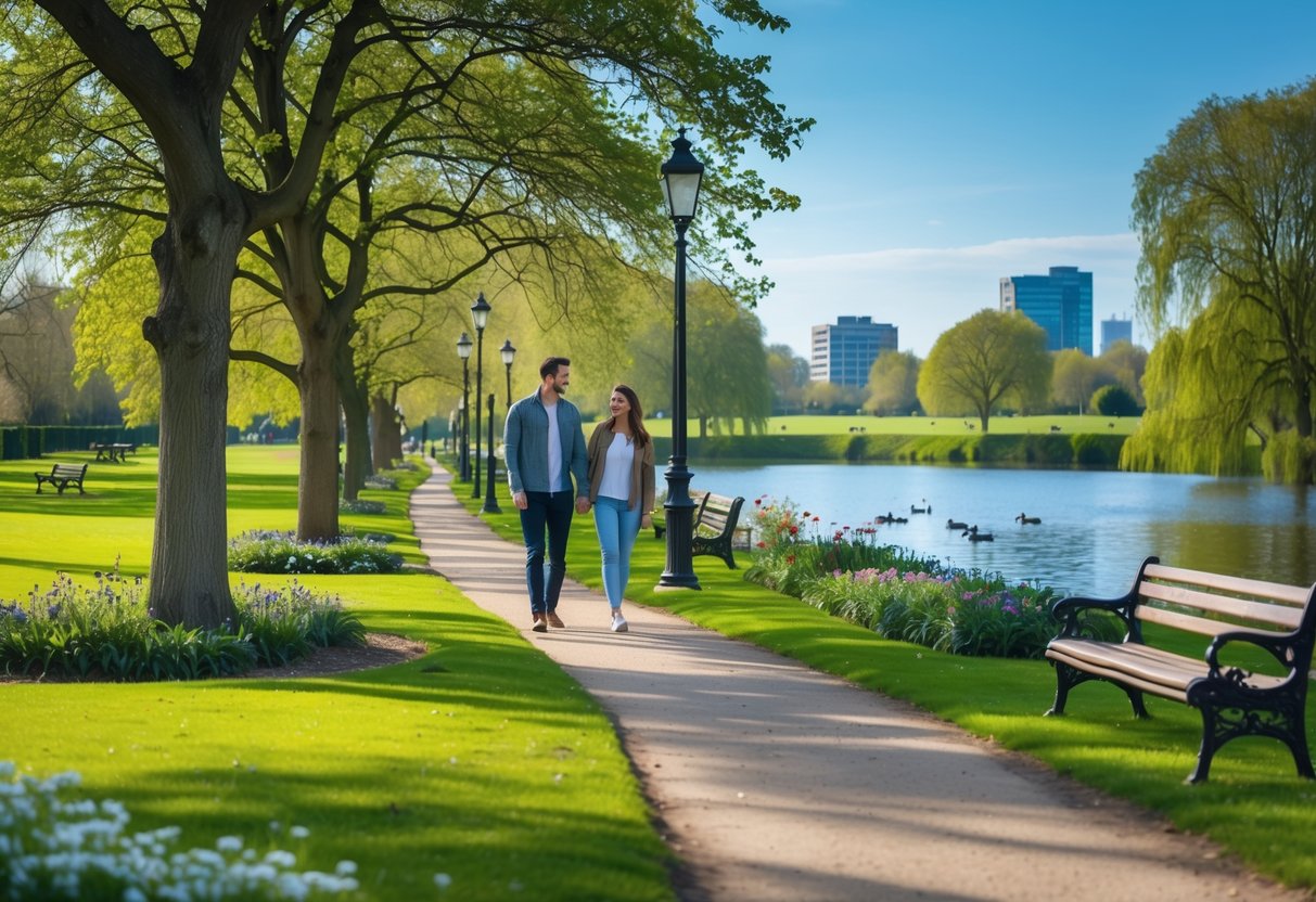 A young couple walking hand in hand along a tree-lined path in a green park with a lake and city buildings in the background.