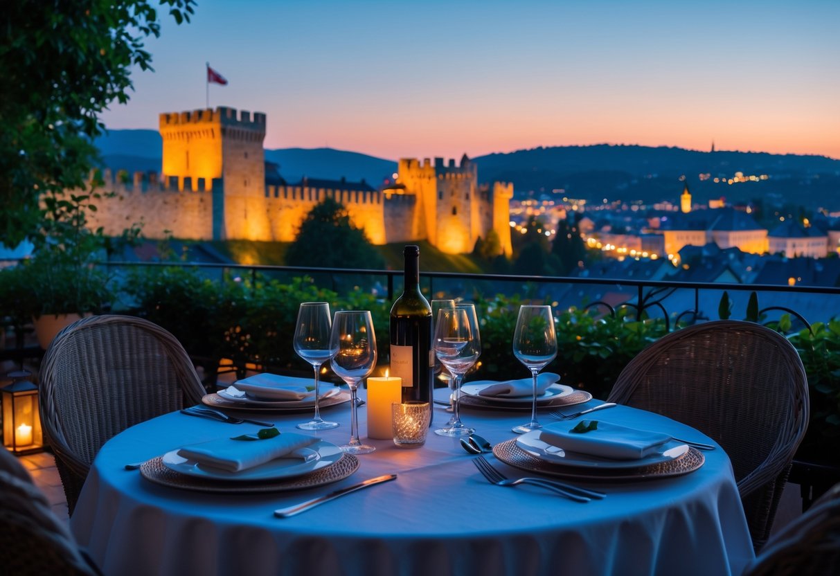 A romantic dinner table set for two on an outdoor terrace at Ljubljana Castle with city lights in the background during sunset.