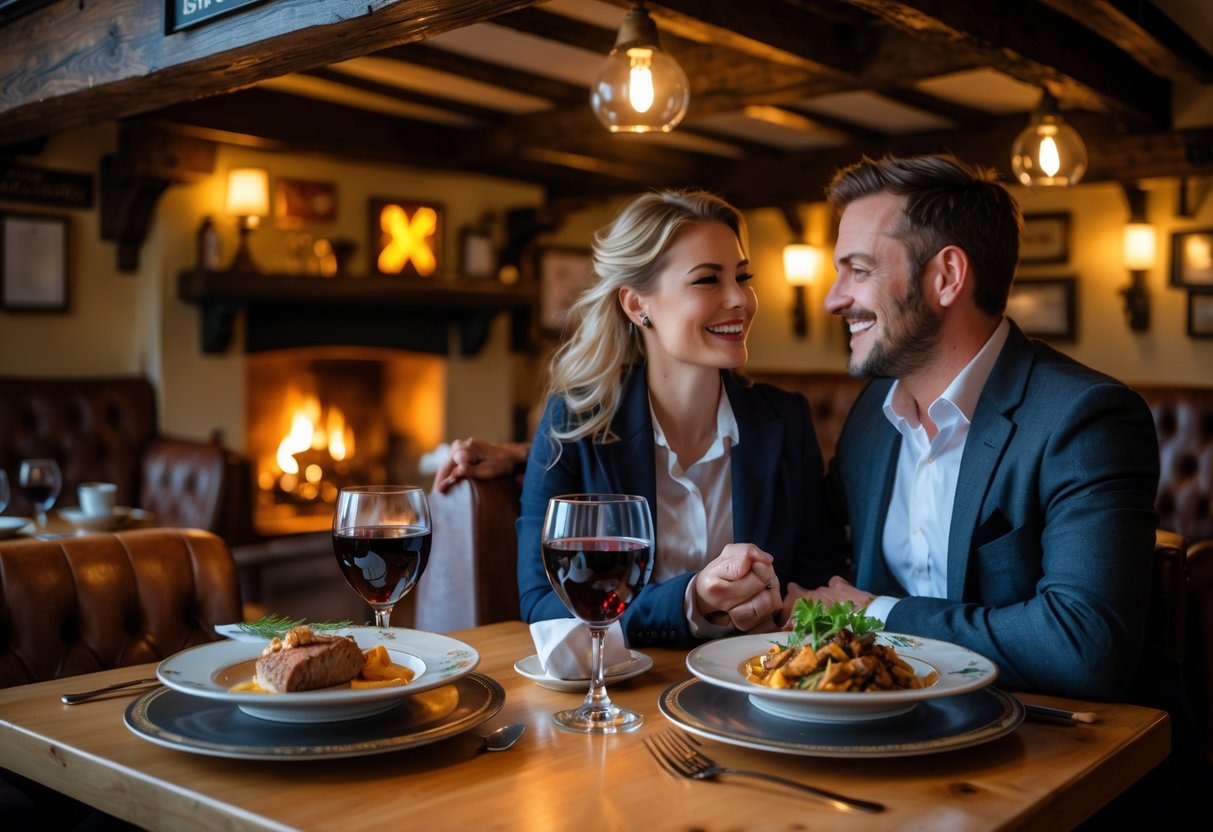 A couple enjoying a meal together at a cozy wooden table inside a traditional English pub with warm lighting and rustic decor.