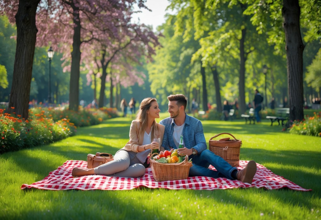 A young couple having a picnic on a blanket in a green park with trees and flowers around them.