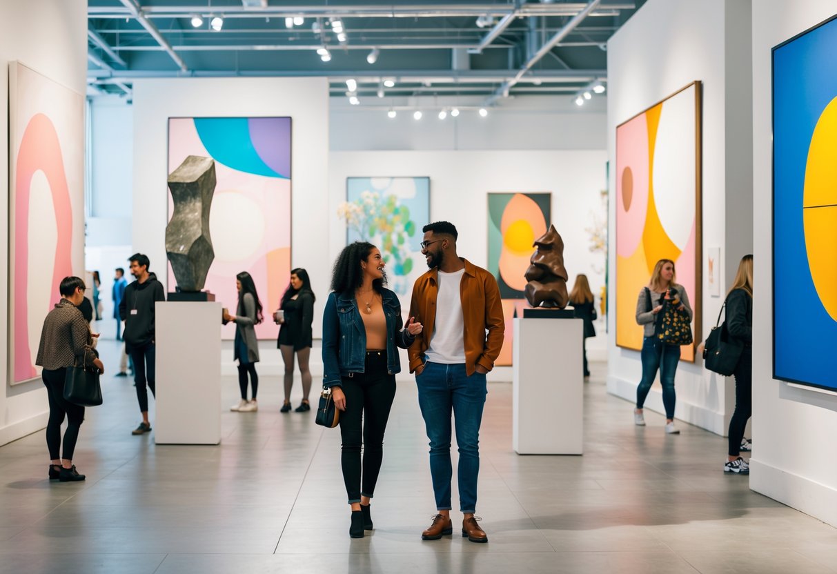 A couple enjoying a date while looking at artwork inside a modern art gallery with other visitors around.