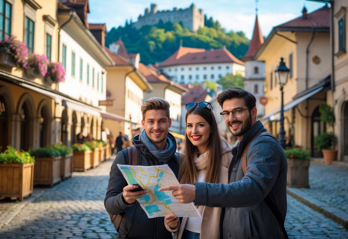 A young couple exploring cobblestone streets in Ljubljana's Old Town, holding a map and smartphone, surrounded by historic buildings and a river with stone bridges.