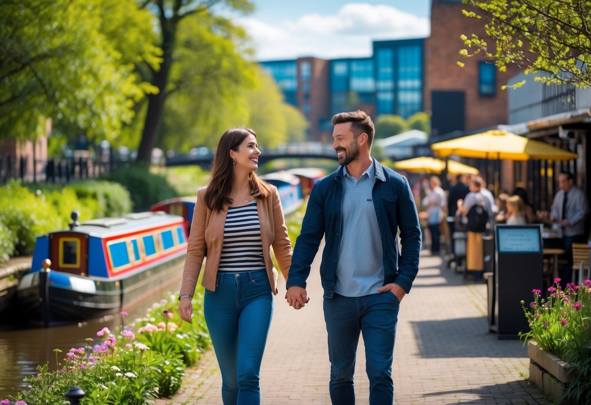 A couple walking hand-in-hand along a canal in Milton Keynes on a sunny day, surrounded by greenery and colorful boats.