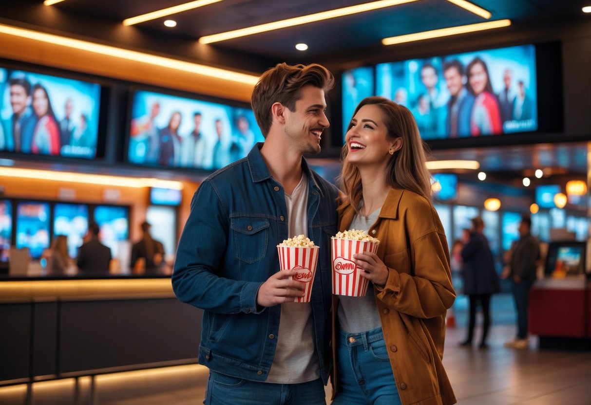 A young couple smiling and holding popcorn and drinks inside a modern movie theater lobby with digital movie posters in the background.