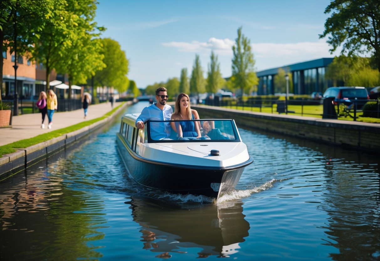 A young couple enjoying a canal boat ride at Milton Keynes Waterfront on a sunny day with greenery and modern buildings in the background.