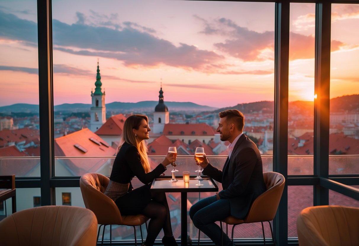 A couple enjoying a sunset view of Ljubljana city from a rooftop bar with historic buildings in the background.