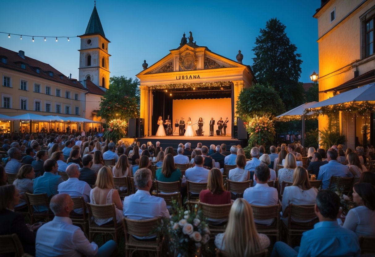 Couples and groups watching an outdoor evening performance at a historic open-air stage in Ljubljana's old town.