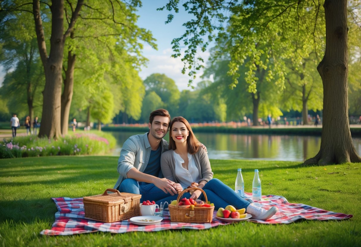 A young couple enjoying a picnic on a blanket by a lake in a green park with trees and flowers around them.