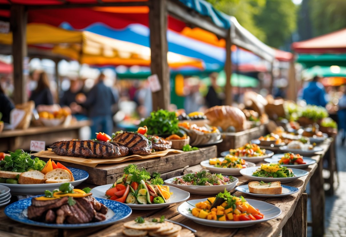 A market stall displaying a variety of fresh local Slovenian dishes with people browsing in the background.