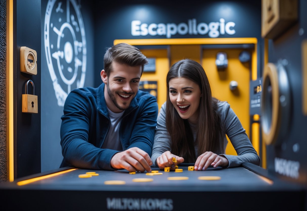 A young couple working together to solve puzzles in an escape room.