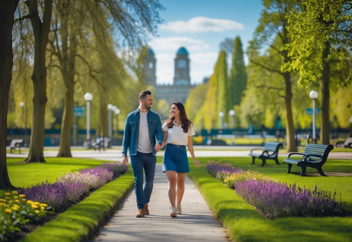 A couple walking hand in hand along a paved path in a green park with trees and flowers on a sunny day.