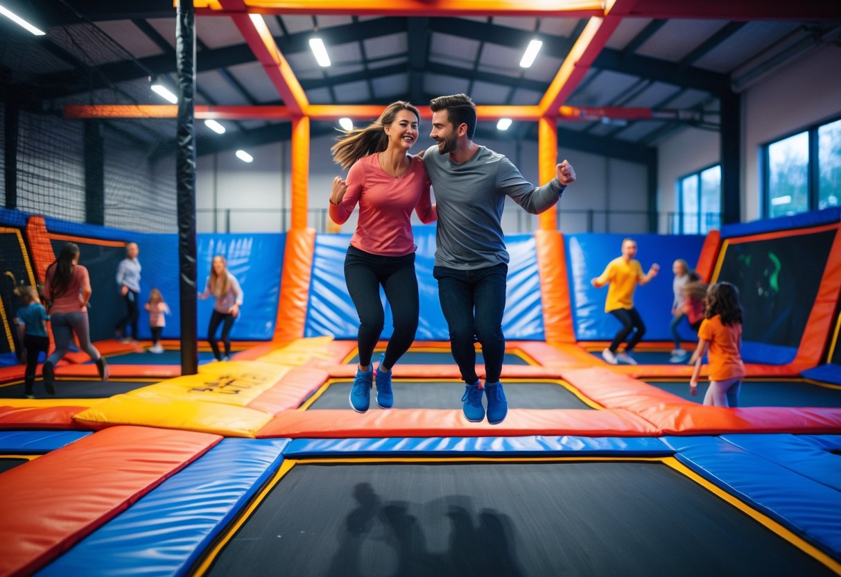 A young couple jumping and having fun together at an indoor trampoline park with colorful trampolines and other people playing in the background.