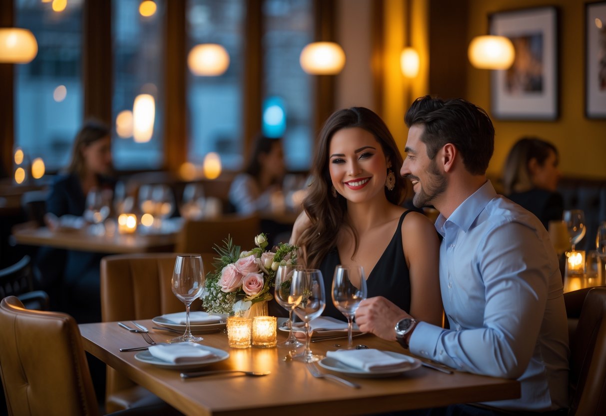A couple enjoying a romantic dinner together in an elegant restaurant setting.