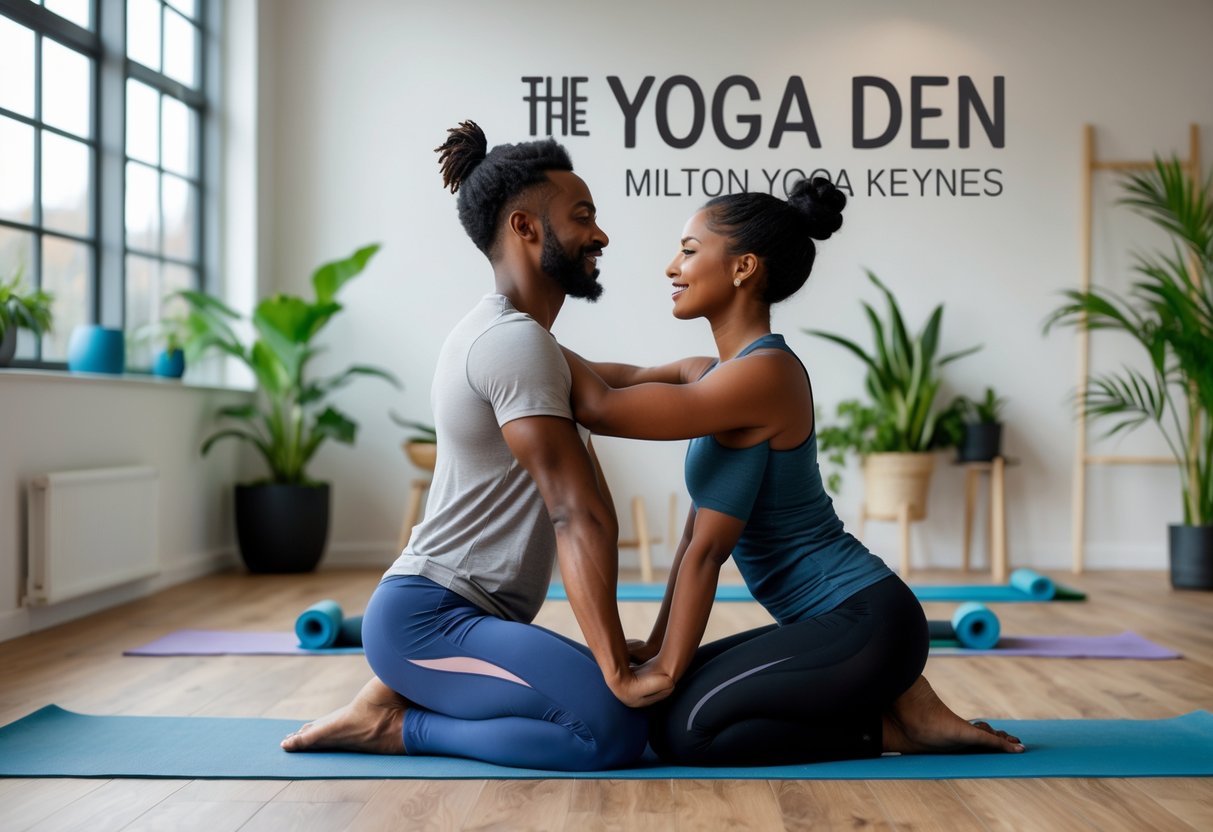 A couple practicing partner yoga together in a bright indoor yoga studio.