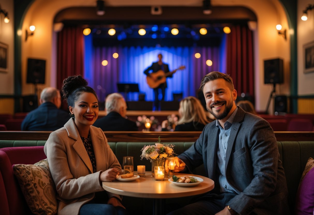 A couple enjoying a live music performance at a small theatre with warm lighting and a musician playing guitar on stage.