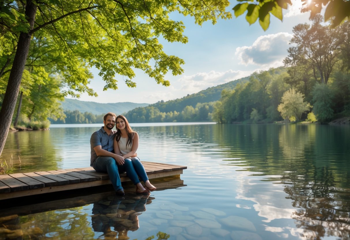 A young couple sitting together on a wooden dock by a calm lake surrounded by green trees and hills.