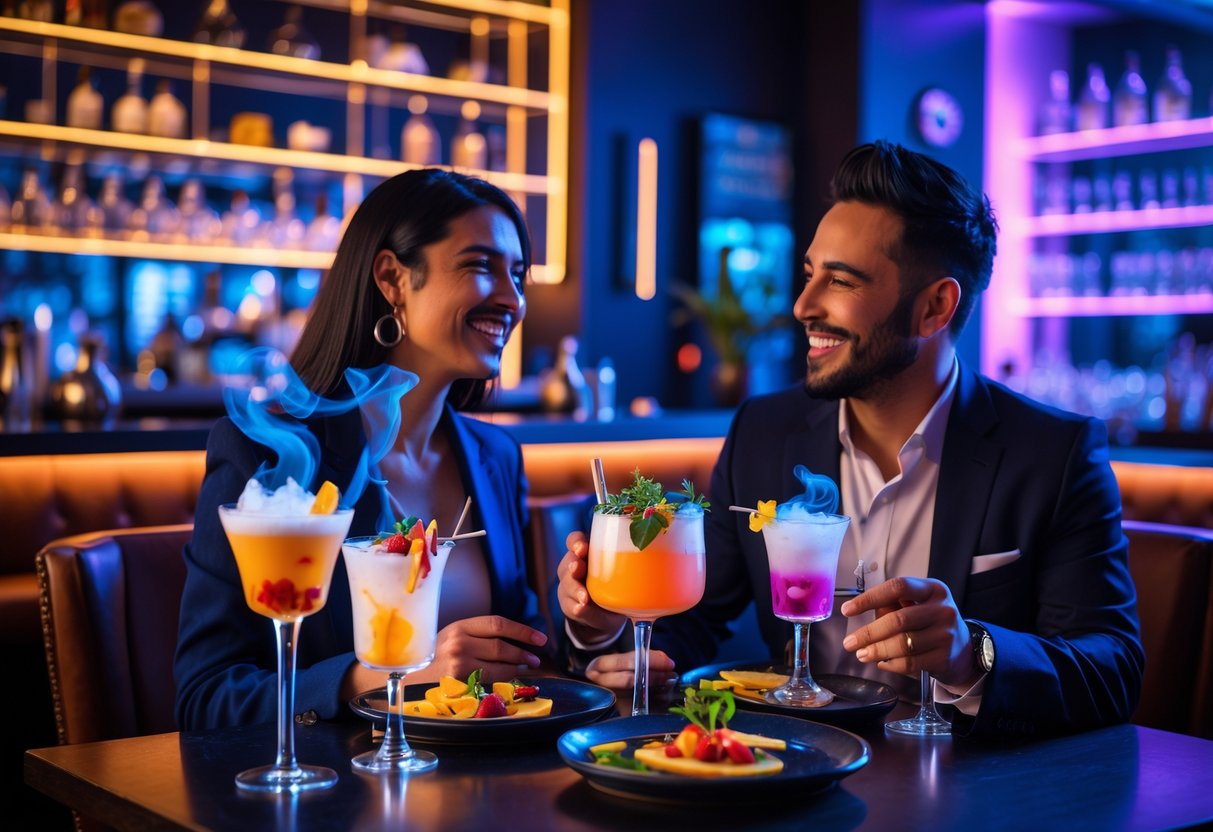 A couple enjoying drinks and conversation at a stylish restaurant table with creative cocktails and warm lighting.