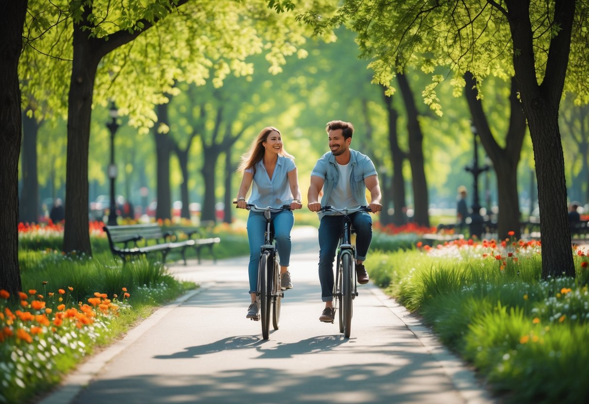 A young couple cycling together on a path surrounded by trees and greenery in Tivoli Park, Ljubljana.