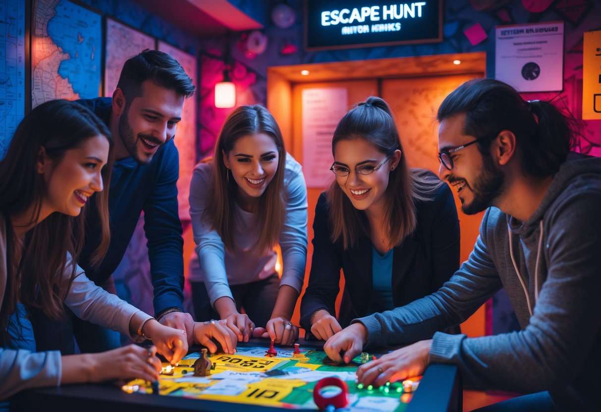 A group of friends working together on puzzles inside an escape room, showing teamwork and concentration.