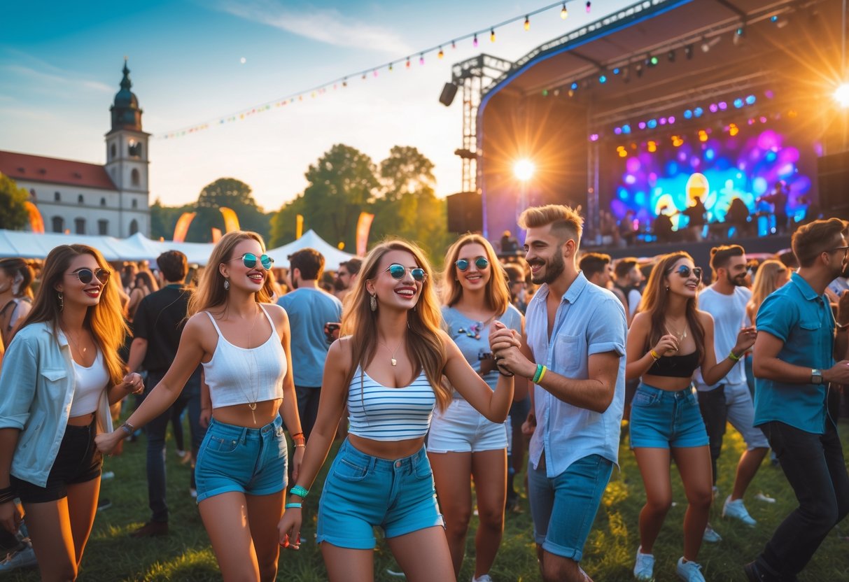 People enjoying a summer music festival outdoors near historic buildings with a stage and bright decorations.
