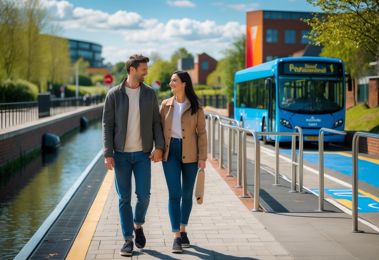 A young couple walking hand-in-hand along a canal path in Milton Keynes with accessible transport features like ramps and a bus stop nearby.