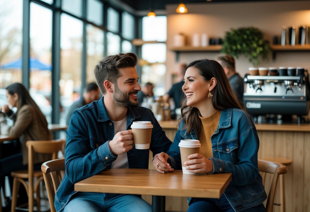 A young couple enjoying coffee together at a table inside a modern coffee shop with natural light and other customers in the background.