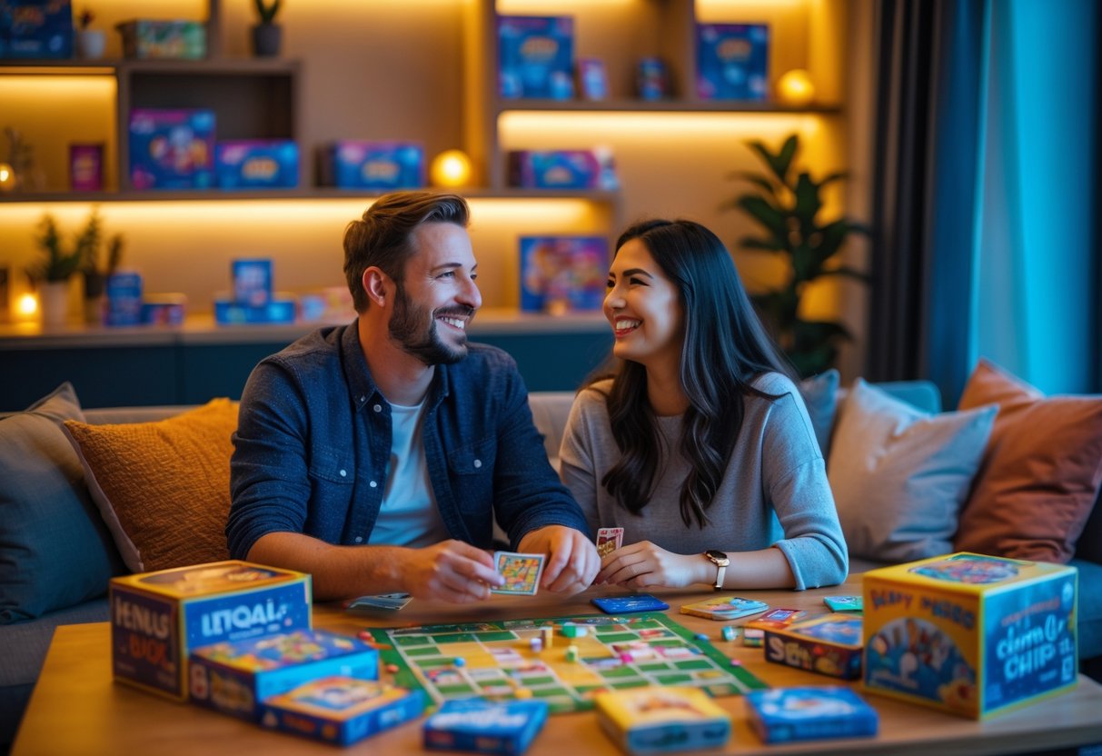 A couple playing board games together at a cozy table in a well-lit room filled with game boxes and snacks.