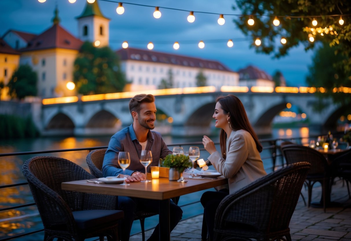 A couple having a romantic dinner at an outdoor riverside cafe in Ljubljana during twilight.