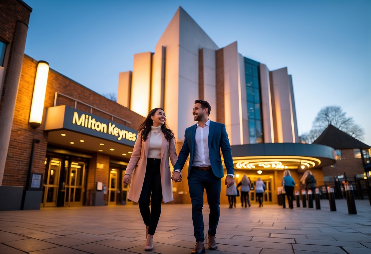 A smiling couple holding hands outside the Milton Keynes Theatre in the evening, ready to attend a show.
