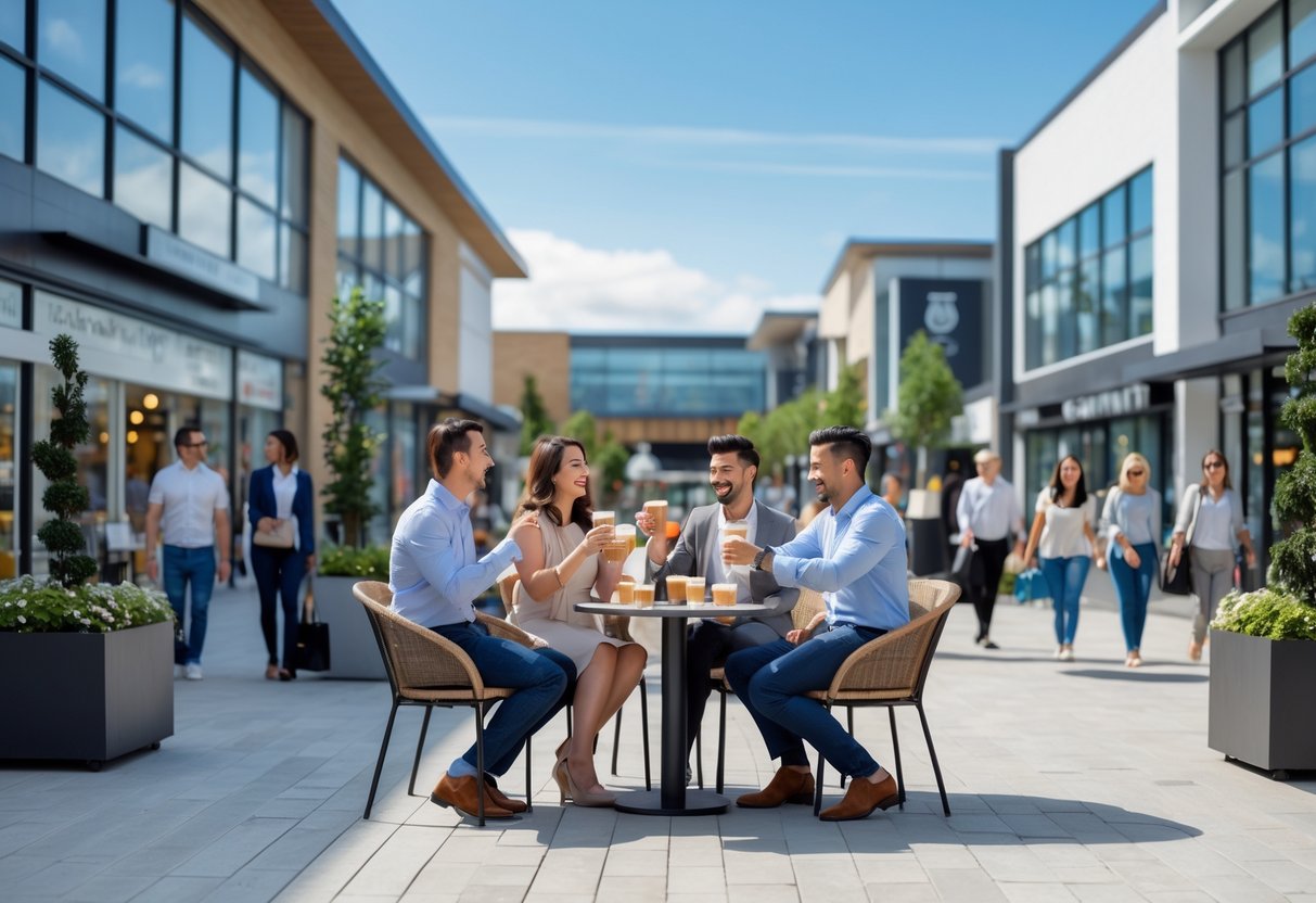 Couples enjoying coffee and snacks at outdoor cafe tables in a busy shopping plaza with people walking nearby.