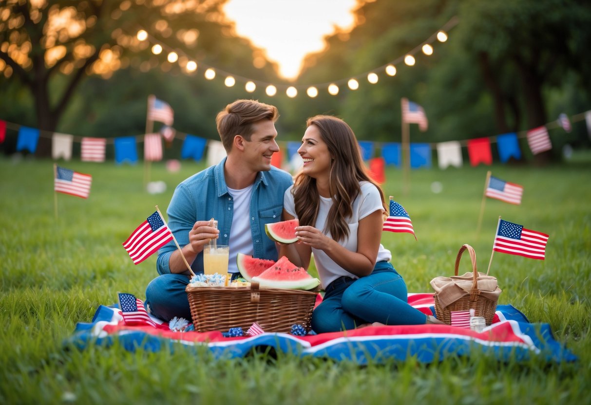 A young couple enjoying a picnic with American flags and fireworks in the background during the 4th of July.