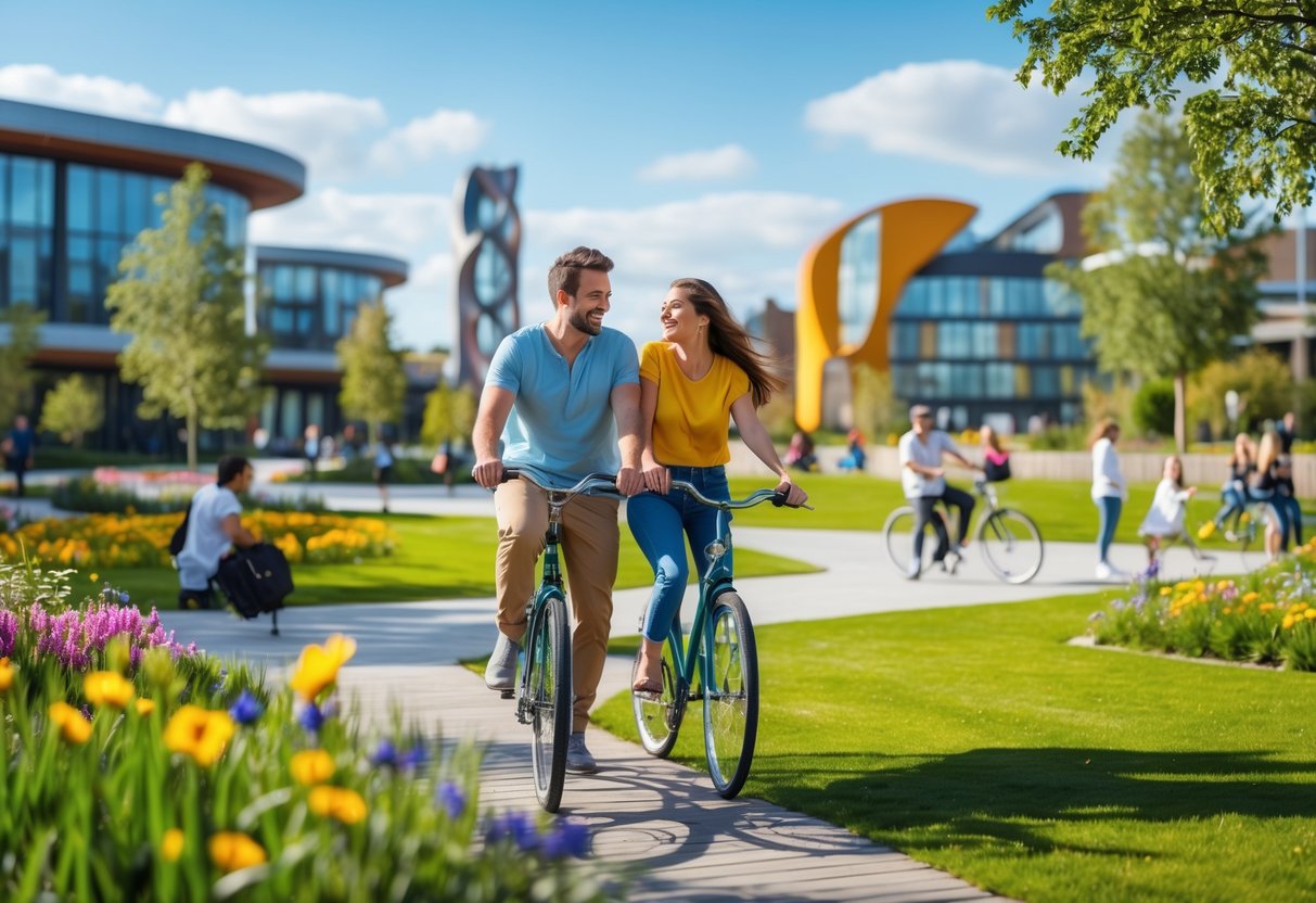 A happy couple enjoying a fun outdoor date in a green park with modern buildings in the background.